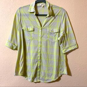 Neon Yellow Plaid Button Up Plus Size Women Top 1X